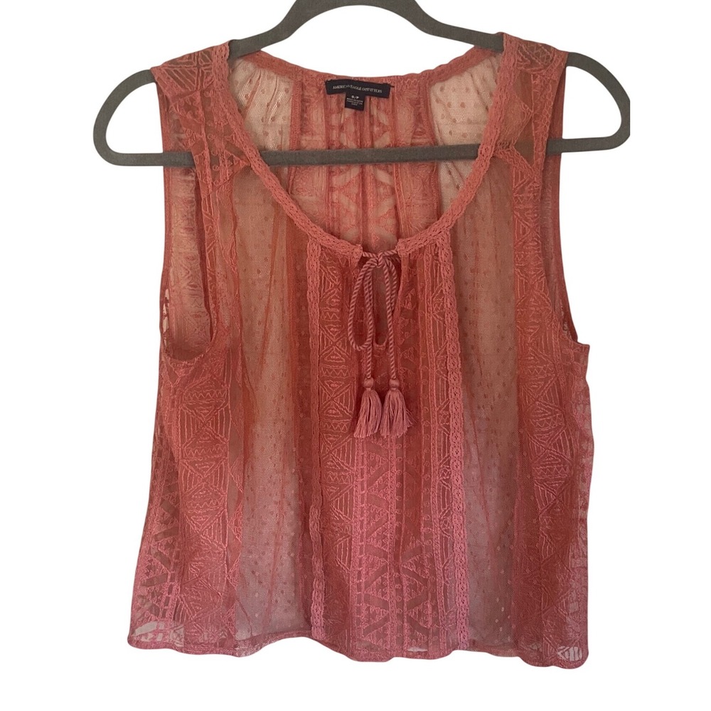 American Eagle Outfitters Sheer Lace‎ Tank Top Coral Pink Tassel Boho Small